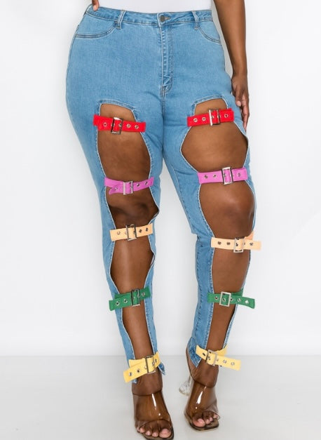 Denim Colorful Buckle Jeans