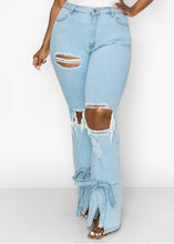 Load image into Gallery viewer, Denim Bottom Tie Flare Jeans
