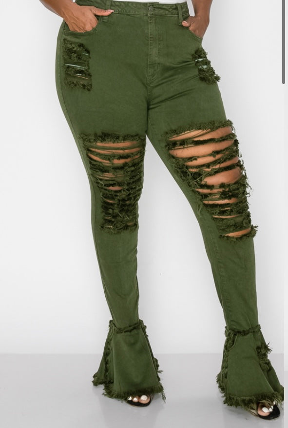 Plus Size Denim Olive Flare Distressed Jeans