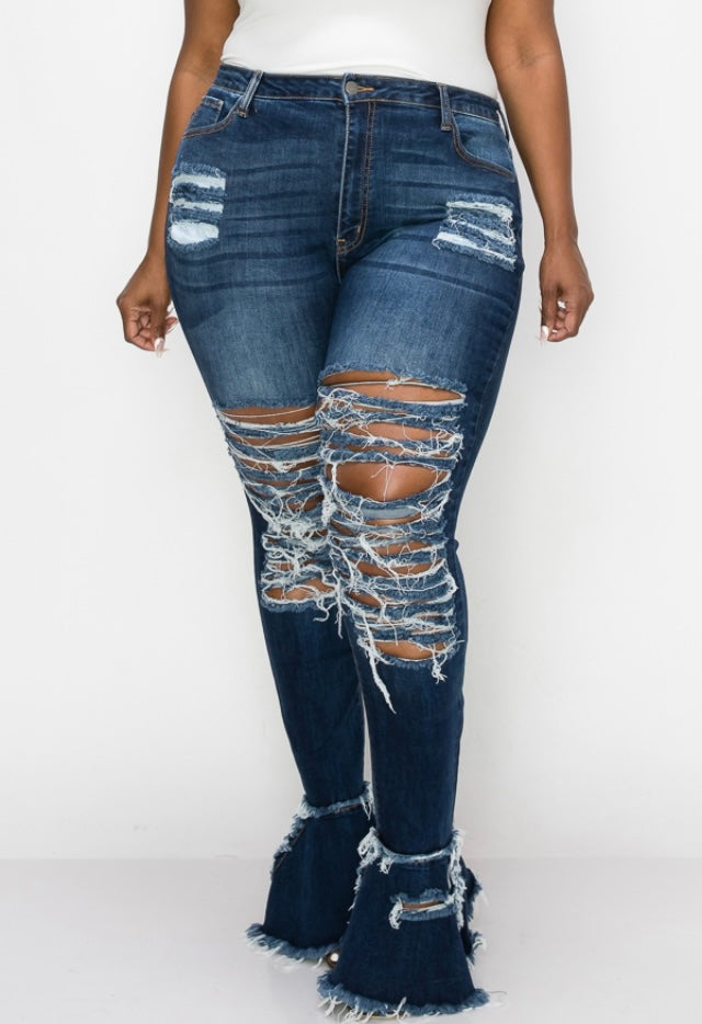 Plus Size Dark Denim Flare Distressed Jeans