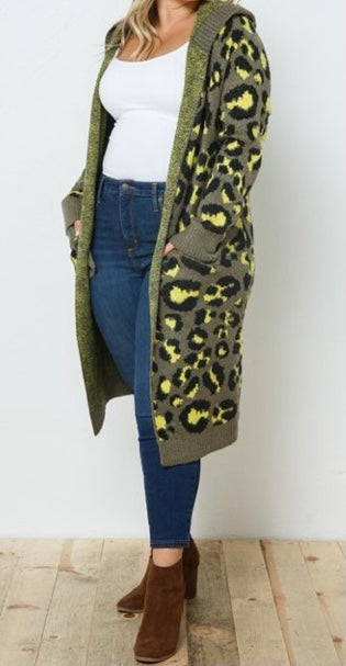 Plus Size Print Long Hooded Cardigan