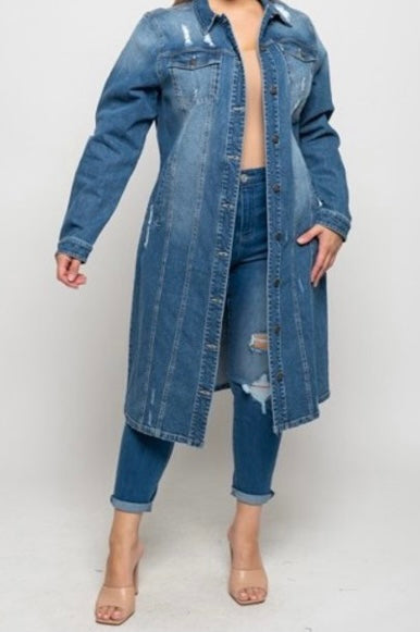 Long Distressed Denim Jacket